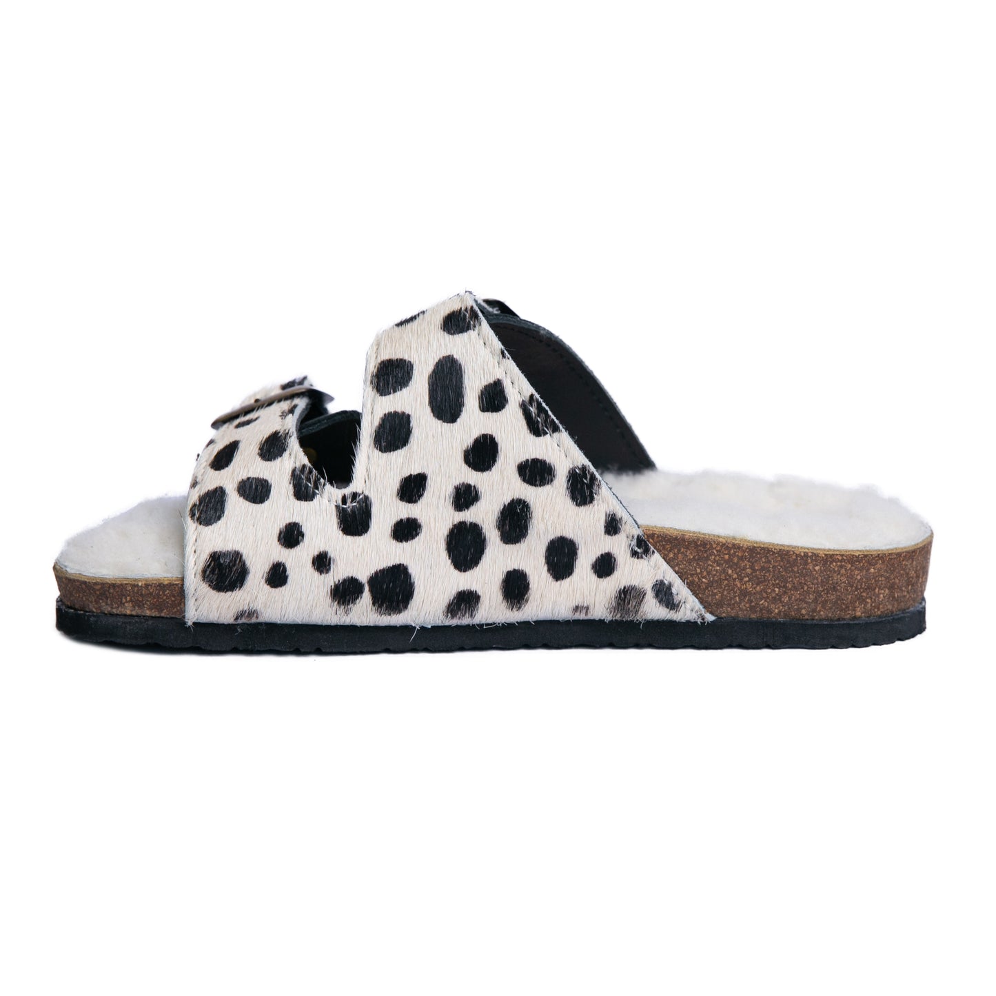 Flockie Sheepskin Slip-On Sandals | Polka Dots On White | Sheepskin, Leather, Cork, Buckles | MADE TO ORDER