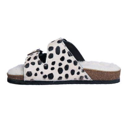 Flockie Sheepskin Slip-On Sandals | Polka Dots On White | Sheepskin, Leather, Cork, Buckles | MADE TO ORDER