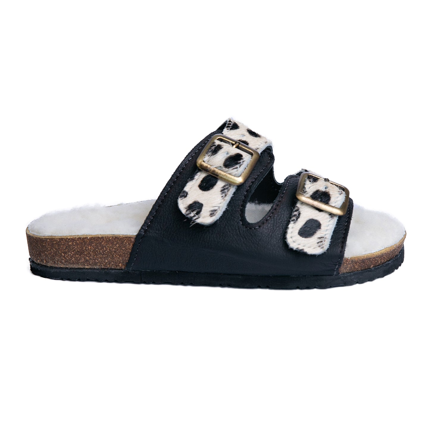 Flockie Sheepskin Slip-On Sandals | Polka Dots On White | Sheepskin, Leather, Cork, Buckles | MADE TO ORDER