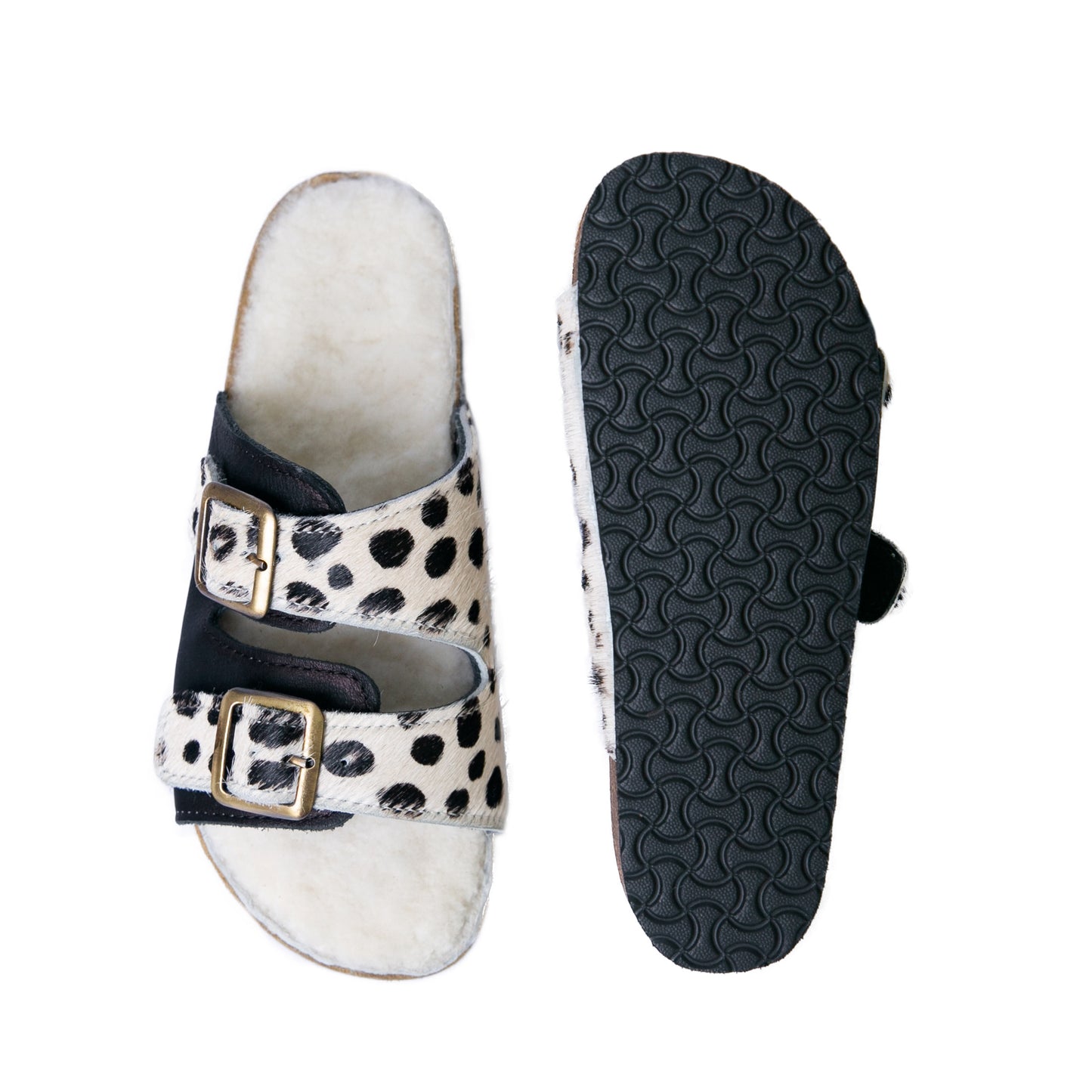 Flockie Sheepskin Slip-On Sandals | Polka Dots On White | Sheepskin, Leather, Cork, Buckles | MADE TO ORDER