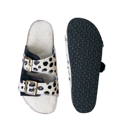 Flockie Sheepskin Slip-On Sandals | Polka Dots On White | Sheepskin, Leather, Cork, Buckles | MADE TO ORDER