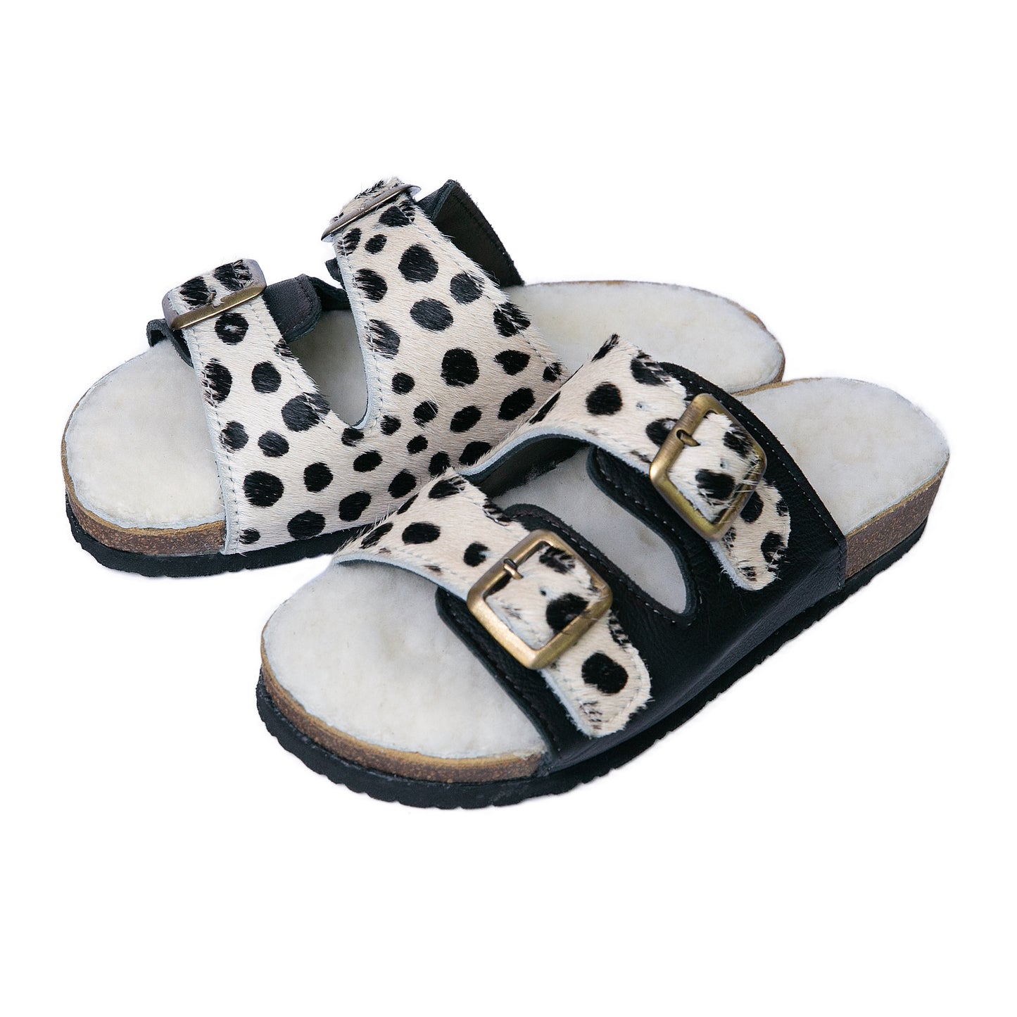 Flockie Sheepskin Slip-On Sandals | Polka Dots On White | Sheepskin, Leather, Cork, Buckles | MADE TO ORDER