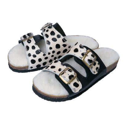 Flockie Sheepskin Slip-On Sandals | Polka Dots On White | Sheepskin, Leather, Cork, Buckles | MADE TO ORDER