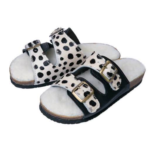 Flockie Sheepskin Slip-On Sandals | Polka Dots On White | Sheepskin, Leather, Cork, Buckles | MADE TO ORDER
