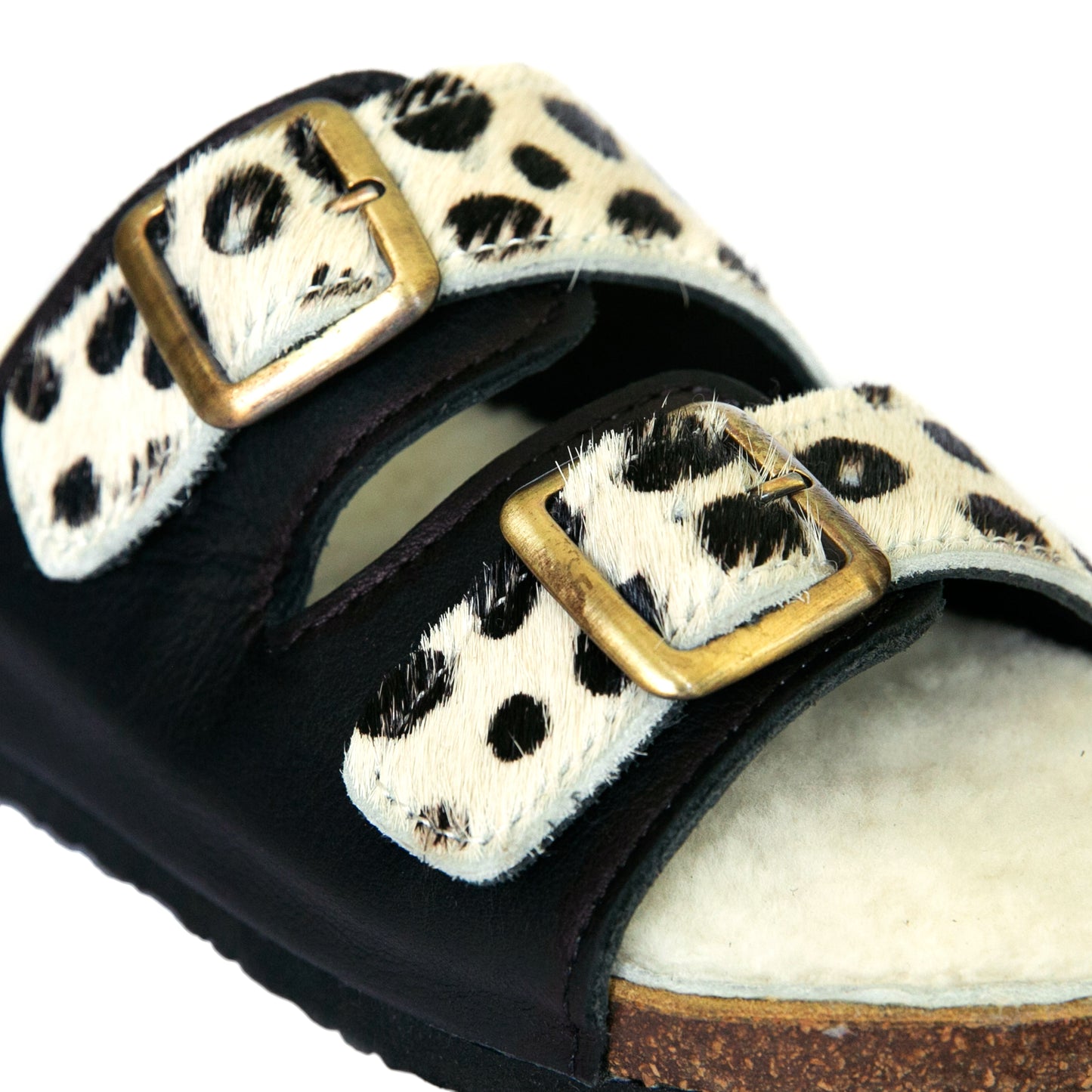 Flockie Sheepskin Slip-On Sandals | Polka Dots On White | Sheepskin, Leather, Cork, Buckles | MADE TO ORDER