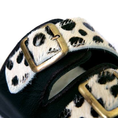 Flockie Sheepskin Slip-On Sandals | Polka Dots On White | Sheepskin, Leather, Cork, Buckles | MADE TO ORDER