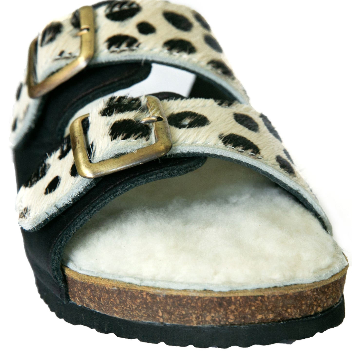 Flockie Sheepskin Slip-On Sandals | Polka Dots On White | Sheepskin, Leather, Cork, Buckles | MADE TO ORDER
