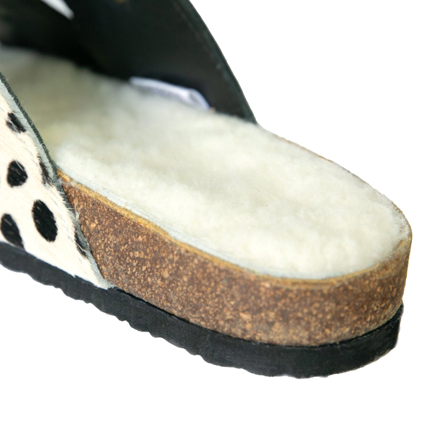 Flockie Sheepskin Slip-On Sandals | Polka Dots On White | Sheepskin, Leather, Cork, Buckles | MADE TO ORDER