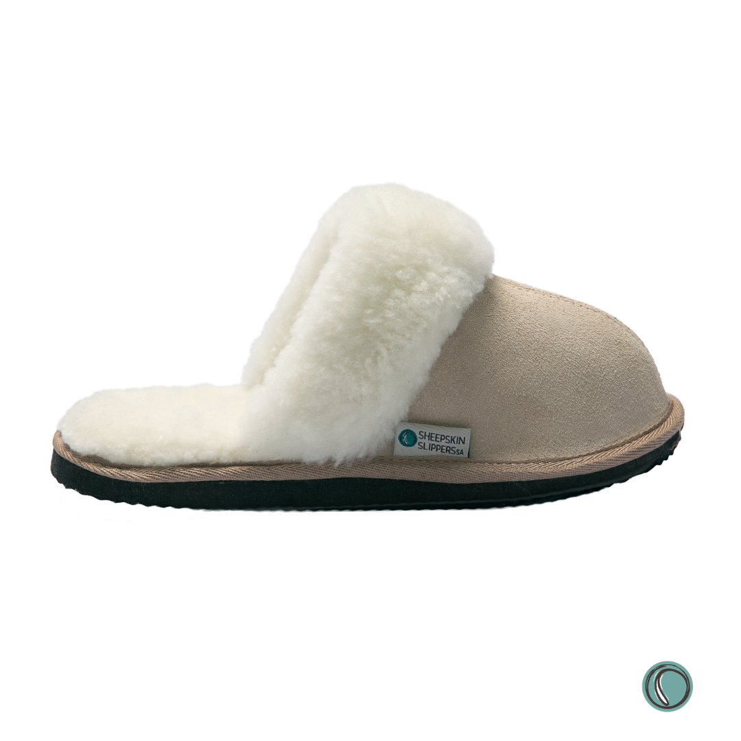 Mule Wool Collar Slippers | Slip-On | Stone | Suede & Sheepskin